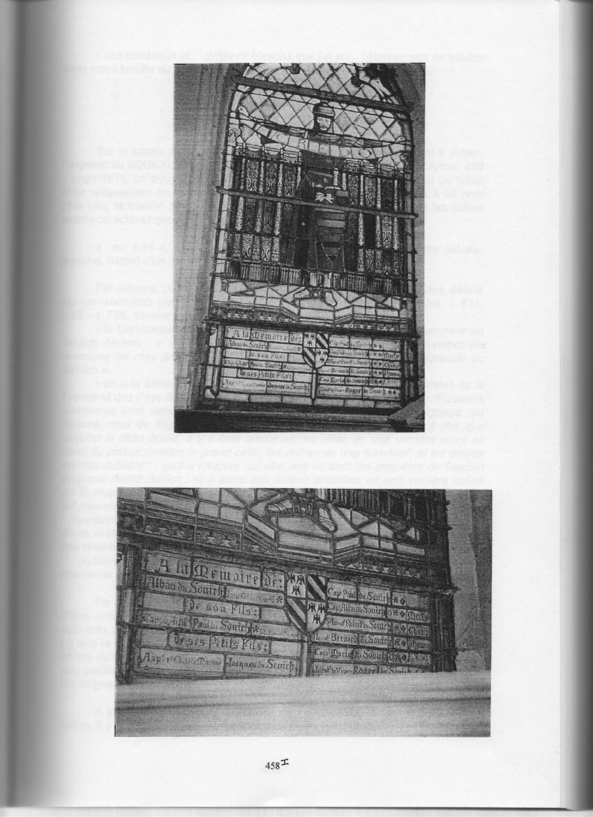 The stained glass window in the Le Souch church that bears the du Souich family crest
