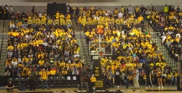 Rowdy Rams (far back) spelling out "VIRGINIA COMMONWEALTH!"